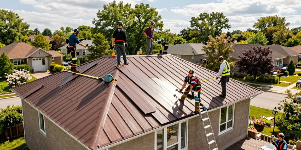 Metal roofing installation team working on a Toronto home, highlighting skilled craftsmanship and project coordination while you read more about metal roofs.