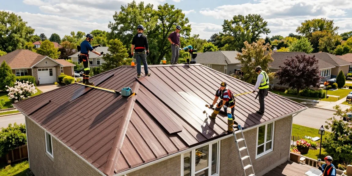 Metal roofing installation team working on a Toronto home, highlighting skilled craftsmanship and project coordination while you read more about metal roofs.