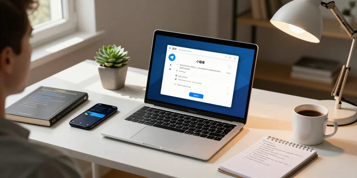 Switching Telegram Chinese interface settings at a modern desk with laptop and notes.