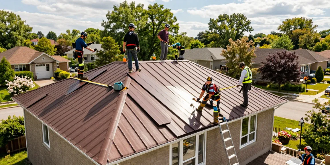 Metal roofing installation team working on a Toronto home, highlighting skilled craftsmanship and project coordination while you read more about metal roofs.