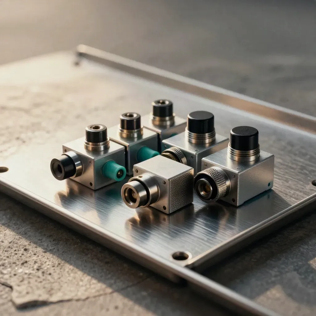 Relay modules and cable hardware arranged on brushed metal and pale stone with teal accent.