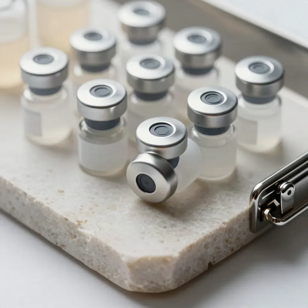 Macro flat lay of sterile medical vials and ampoules on white limestone with soft clinical light.