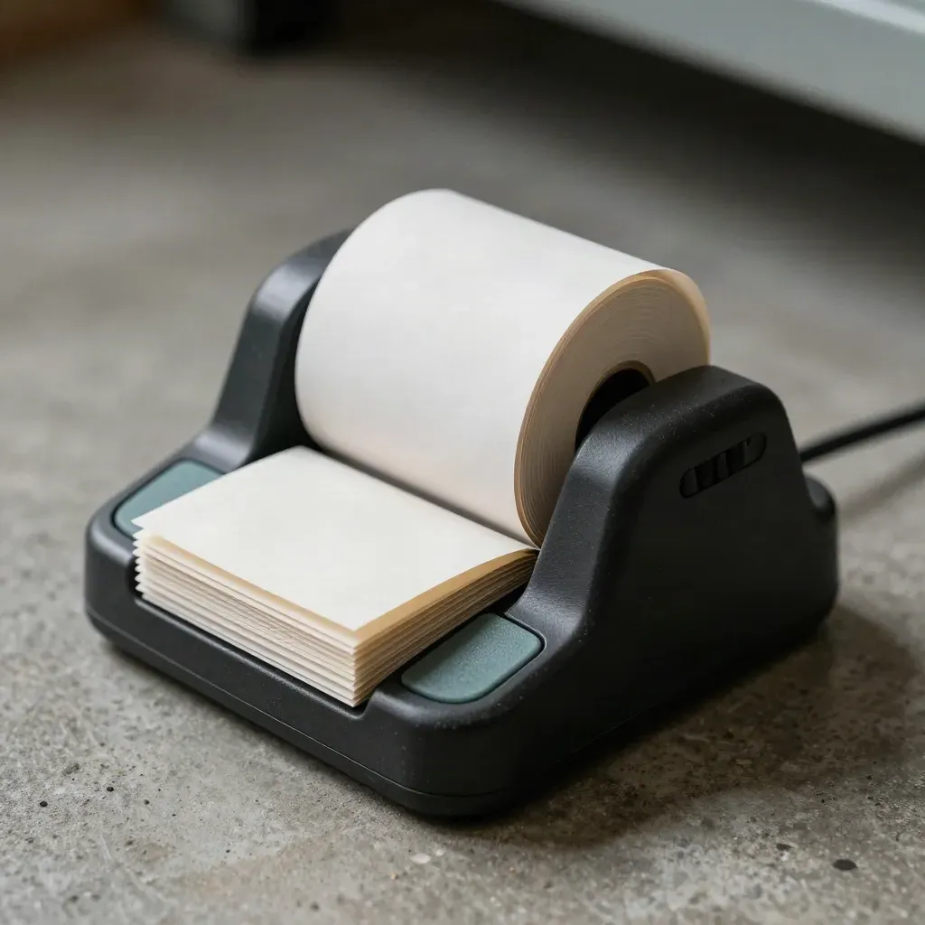 Scanner dock, receipt roll, and face-down shelf tags on concrete with cool warehouse light.
