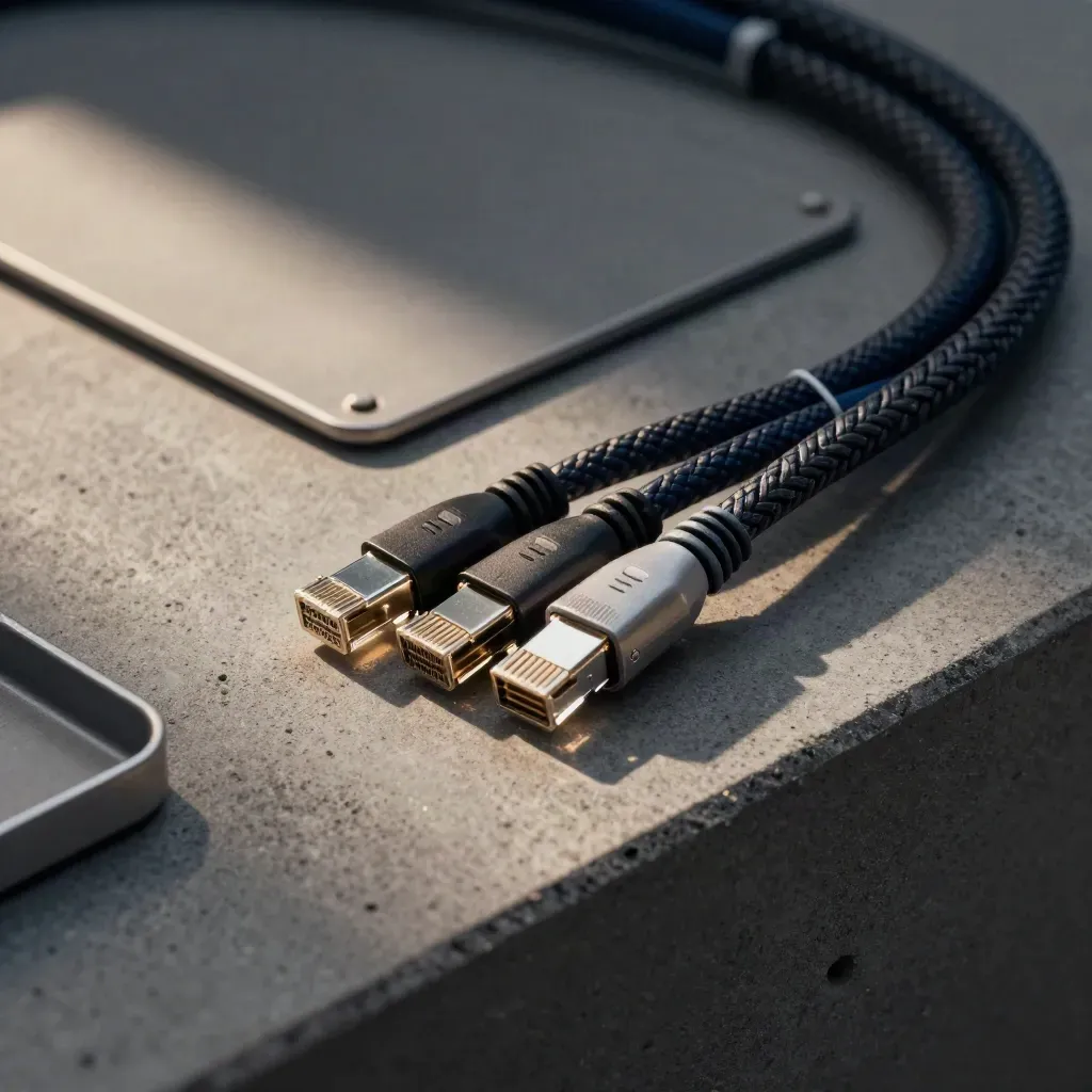 Braided ethernet harness with couplers and ferrules on graphite concrete in dramatic light