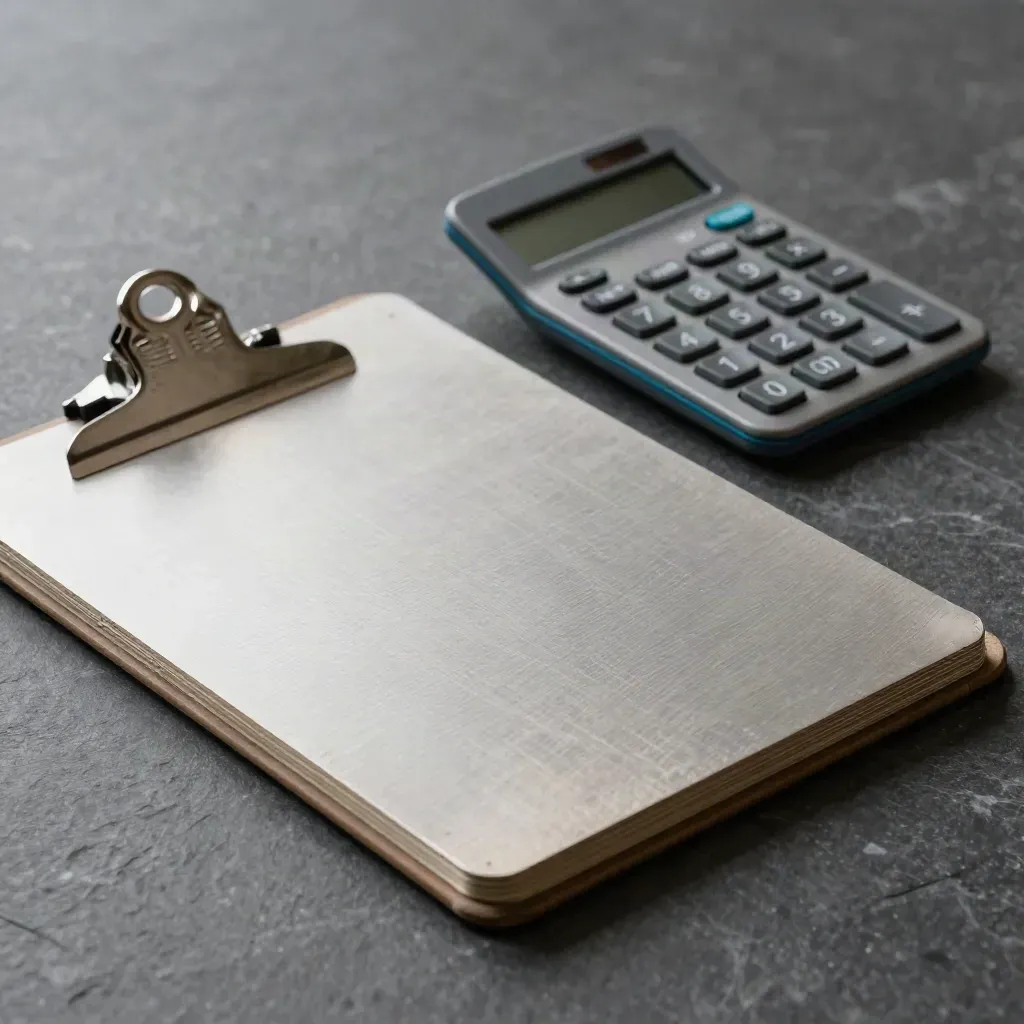 Metal clipboard, face-down tabs, and matte grey calculator on graphite stone with a blue accent.