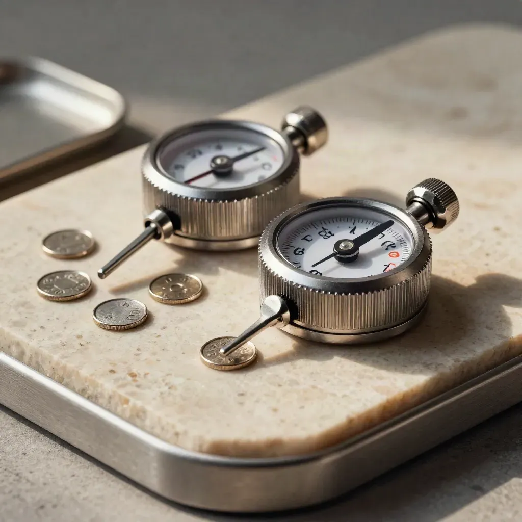 Brushed aluminium tally counters, markers, and token tray on limestone in dramatic studio light.