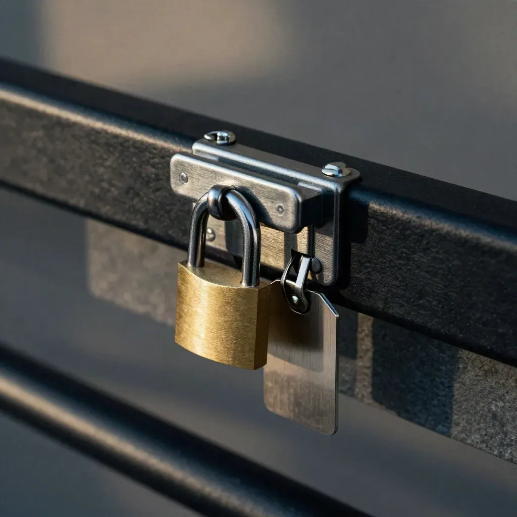 Locked rack latch with padlock and aluminium tags on dark stone, top-down macro