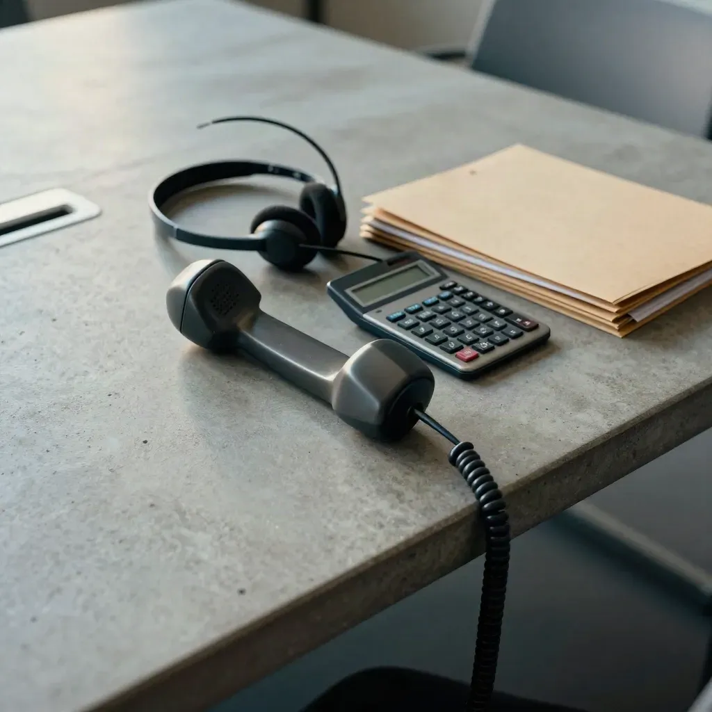 Handset, headset, calculator and deal folders on a concrete sideboard in soft office light.