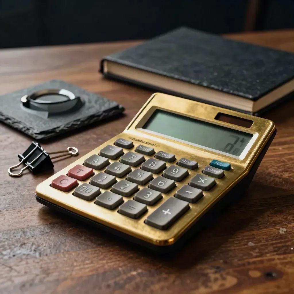 Brass calculator, binder clips, paperweight and ledger on walnut in dramatic light