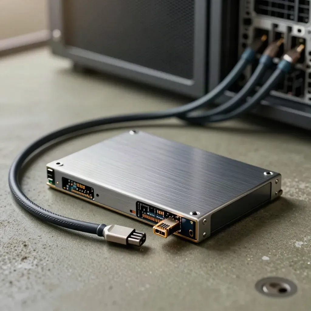 Top-down hardware cluster: SSD, braided cable loop, drive caddy, and torx bit on dusty stone.