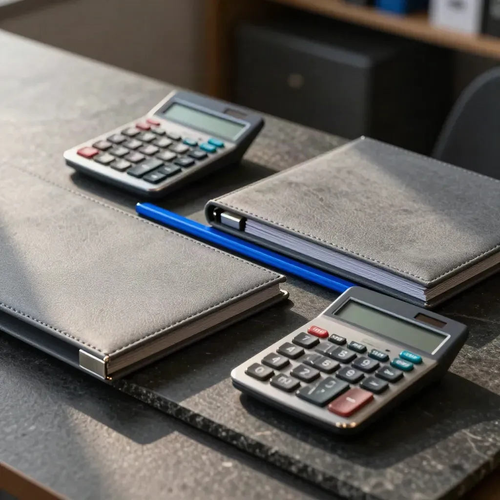 Paired grey folders and calculators aligned on dark stone with a slim blue bar and soft bokeh.