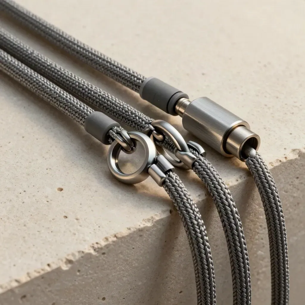 Linked machined rings, braided cable sleeves, and a connector block on pale stone.