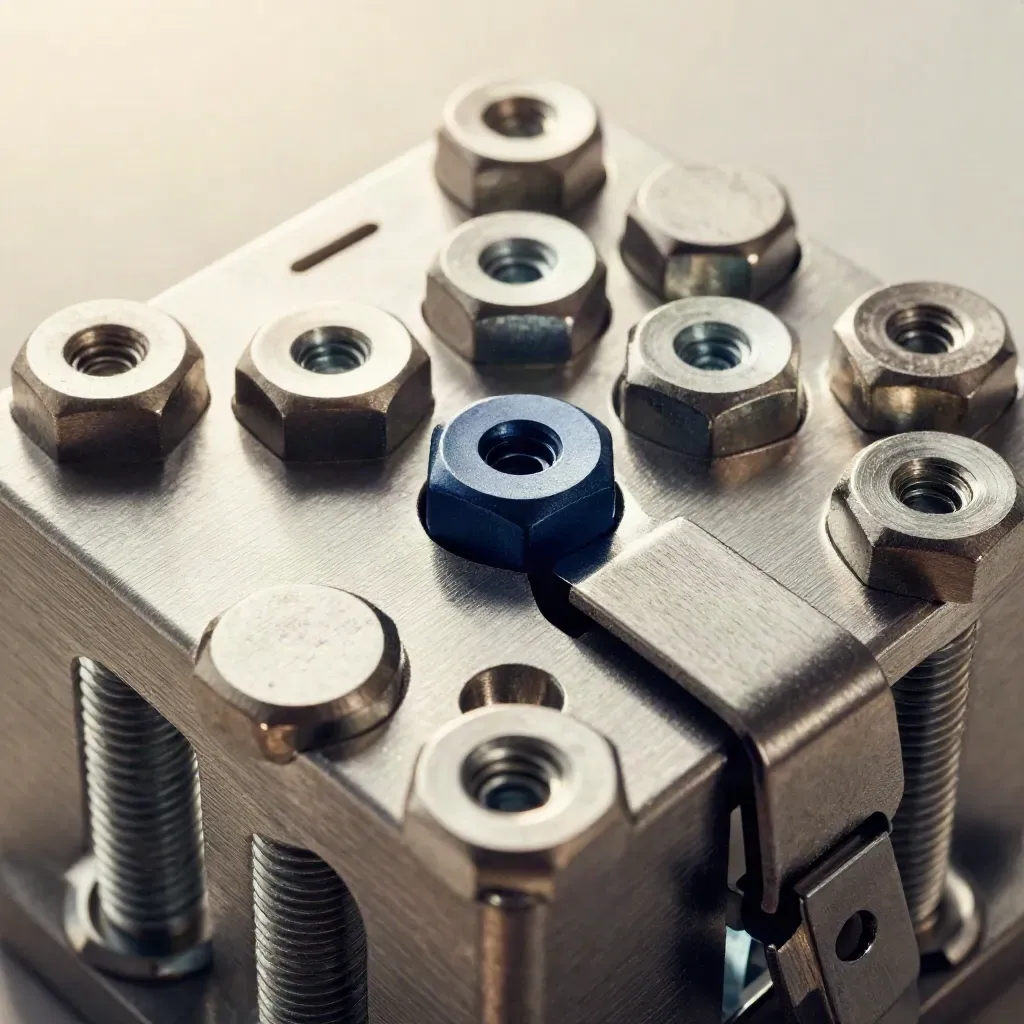 Macro of interlocking metal connectors and a folded bracket on brushed aluminium.