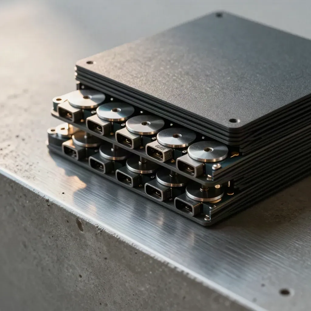 Macro of card-reader housings, contactless discs, and magnetic connectors on concrete