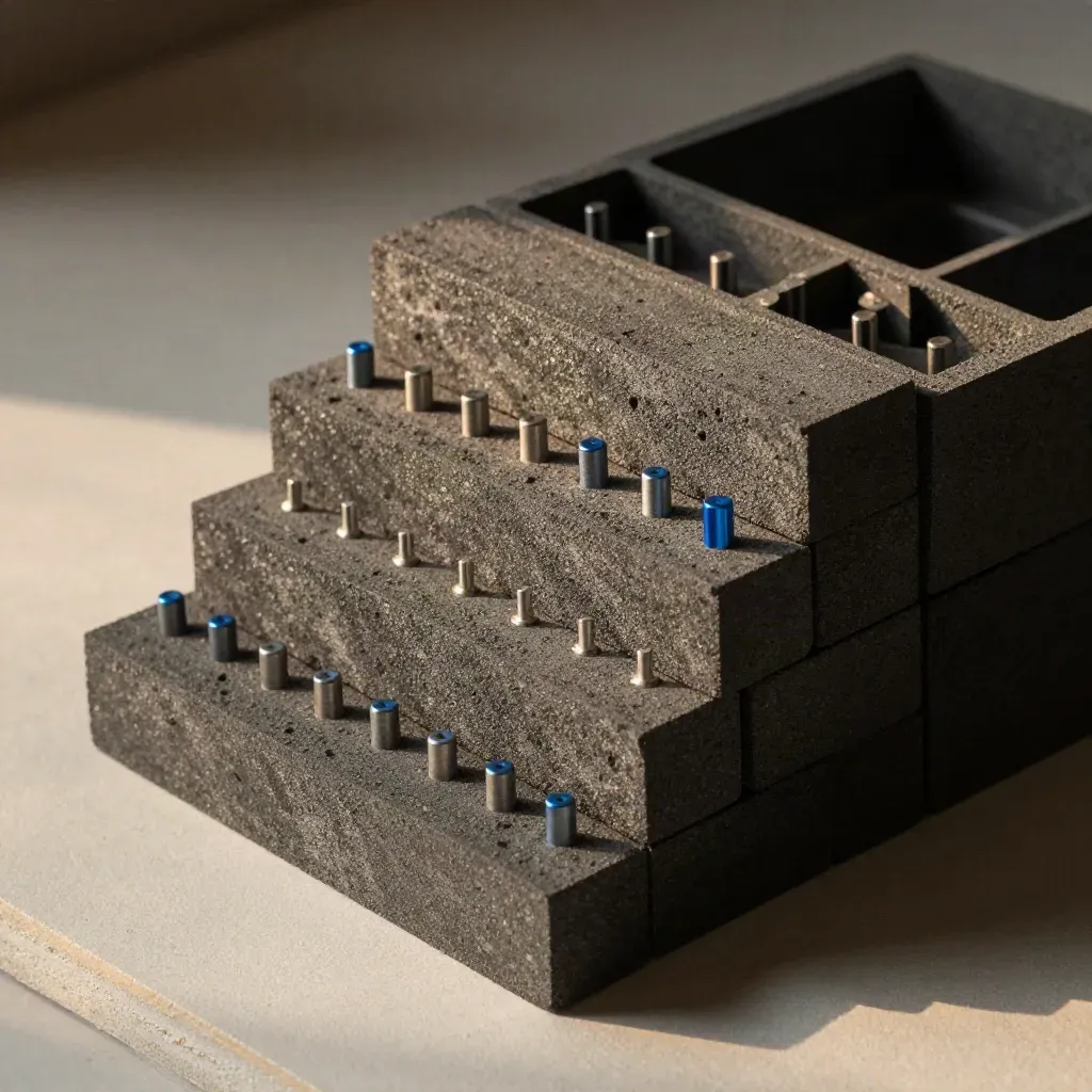 Modular blocks, pins, and tray pieces on pale plaster with a blue accent.
