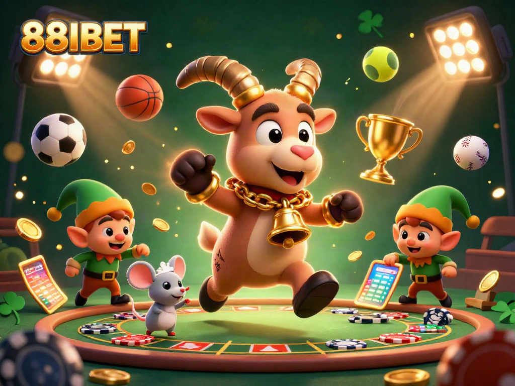 Experience the thrill of 88IBET with a dynamic 3D casino scene featuring Krampus goat, angel mouse, and elf gremlins in action.