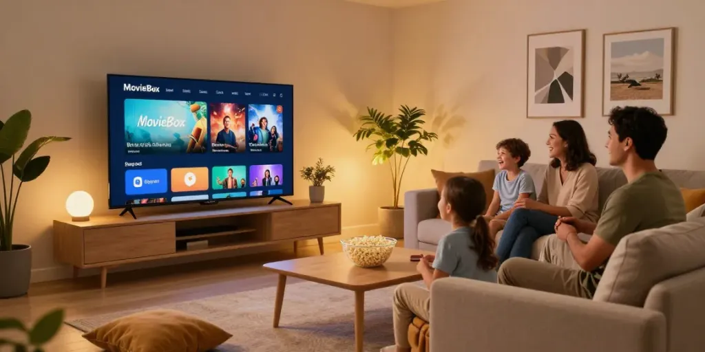 Family enjoying movie box app in a cozy living room setting
