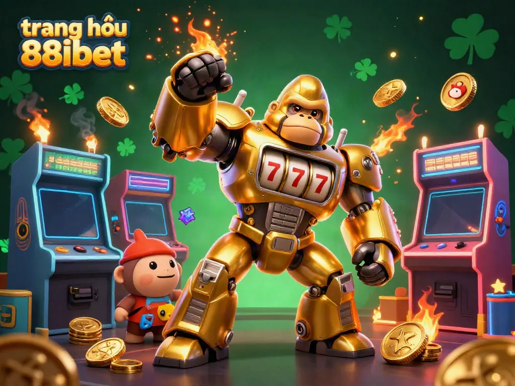 Experience excitement at trang chủ 88ibet with a golden gorilla mech soaring amidst colorful gaming elements.