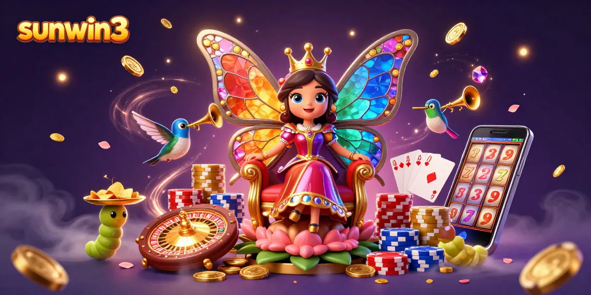 Experience thrilling gameplay with sunwin3 featuring a butterfly queen amidst shimmering casino elements.